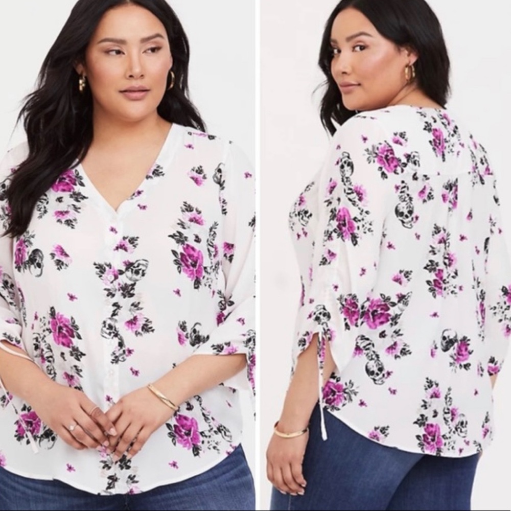 IVORY SKULL FLORAL CREPE TIE-SLEEVE BLOUSE